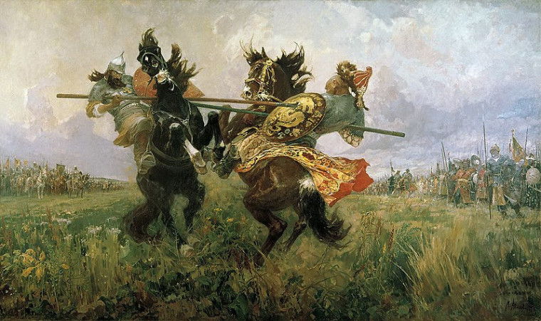 картина «Поединок Пересвета с Челубеем на Куликовом поле», художник М.И. Авилов, 1943 г..